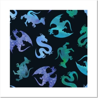 Jewel Tone Fantasy Dragon Silhouette on Black Posters and Art